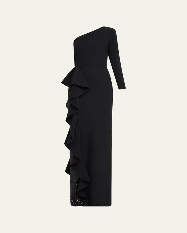 One-Shoulder Sequin Skirt Ruffle Gown